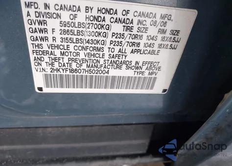 2007 Honda Pilot Ex-L z USA, uszkodzony, nr VIN 2HKYF18607H502004